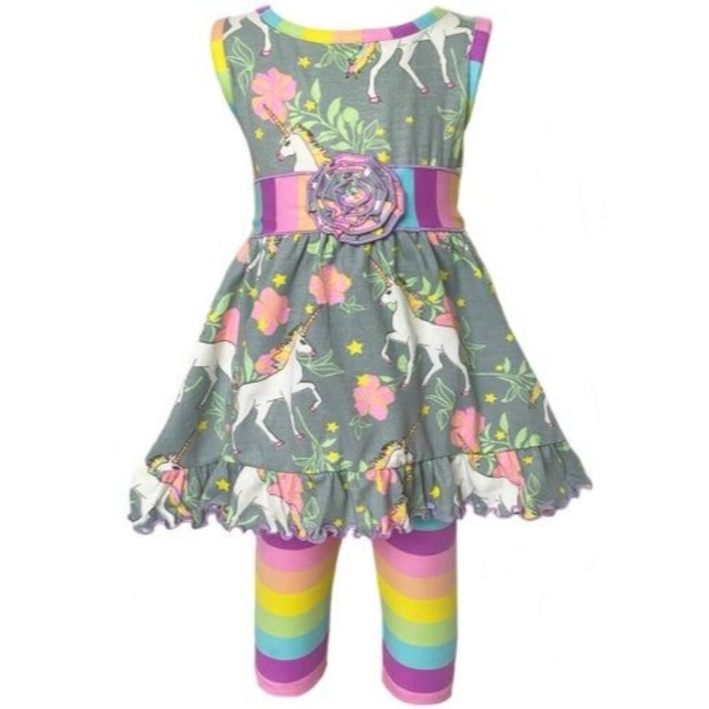 AnnLoren Girls Unicorn Dress & Pastel Leggings Set Size 7/8